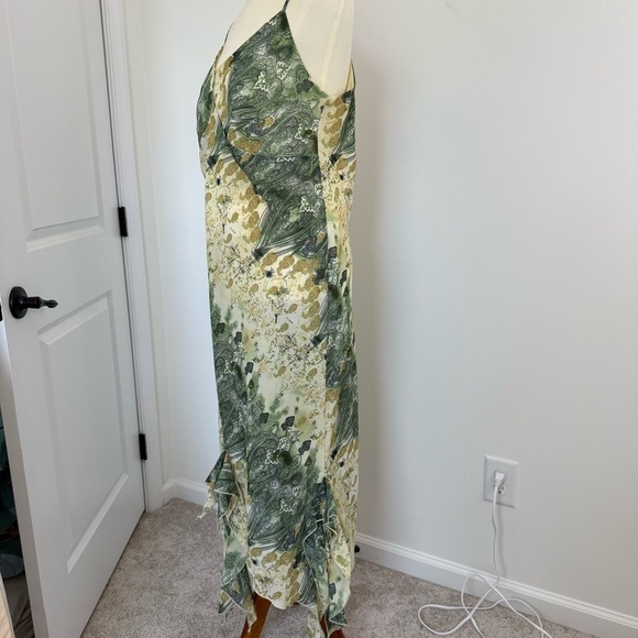 Y2K Abstract Print Asymmetrical Fairy Dress Ruffled Whimsical Green Yellow - Picture 4 of 8